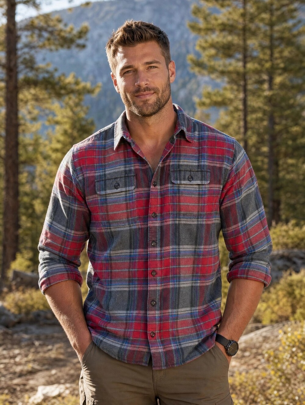 L.L. Bean Men's Red and Gray Plaid Chamoise Flannel